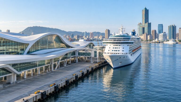 Cruise ship beside the modern Kaohsiung Port Cruise Terminal