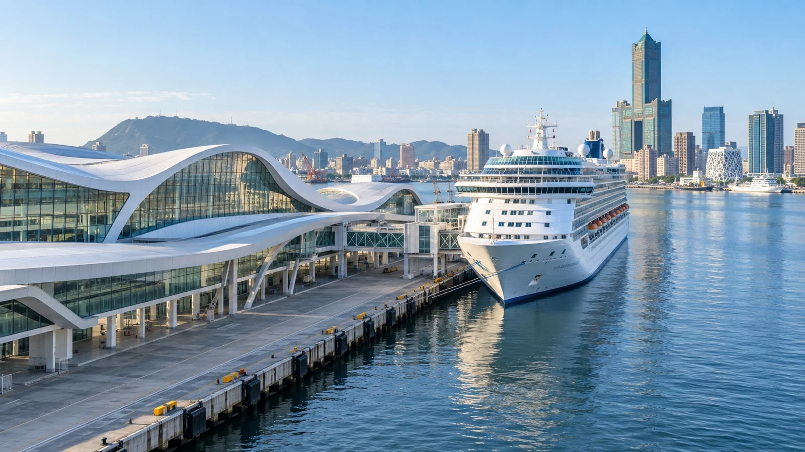 Cruise ship beside the modern Kaohsiung Port Cruise Terminal