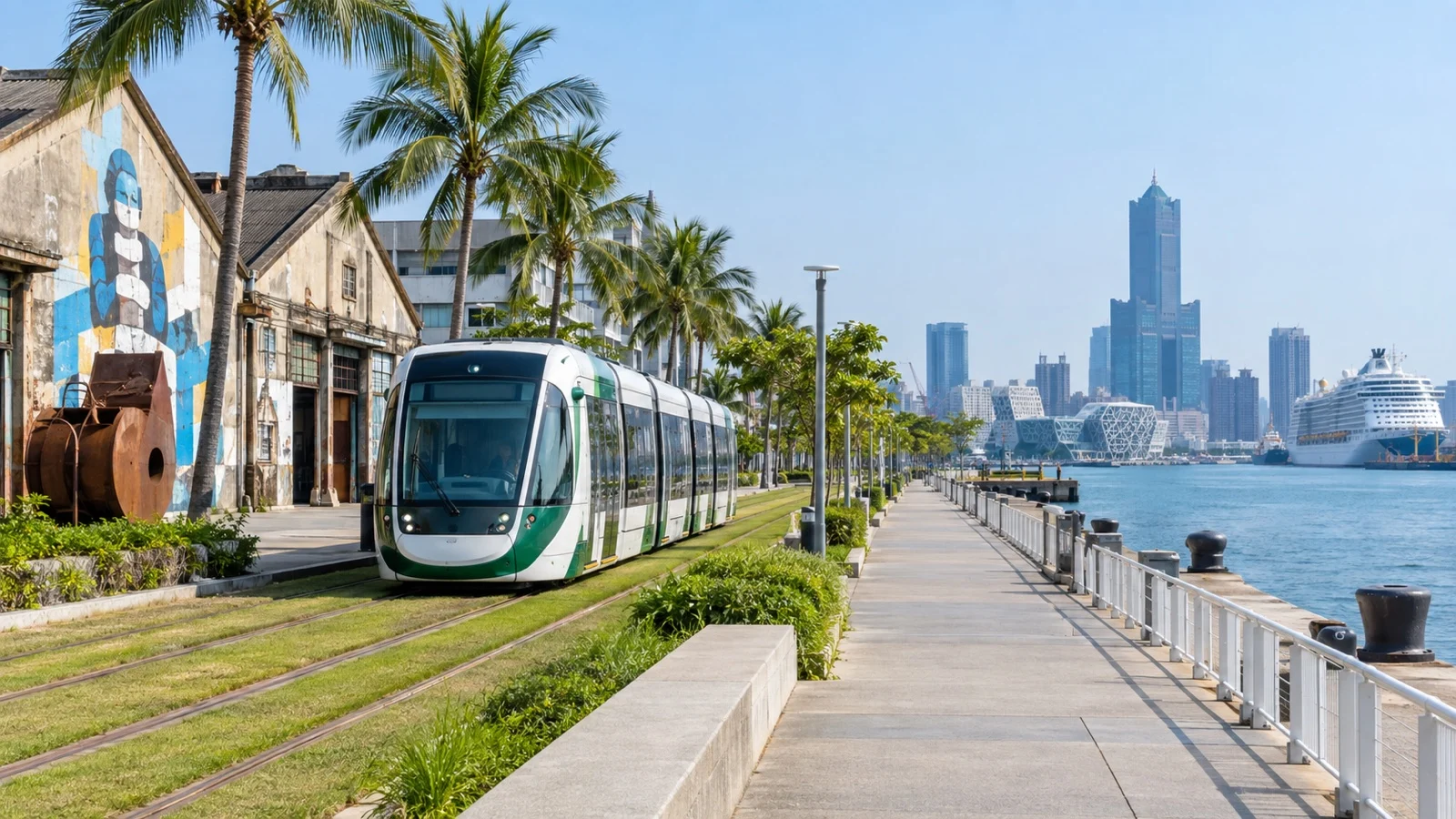 Light rail tram beside Kaohsiung harbor and waterfront warehouses