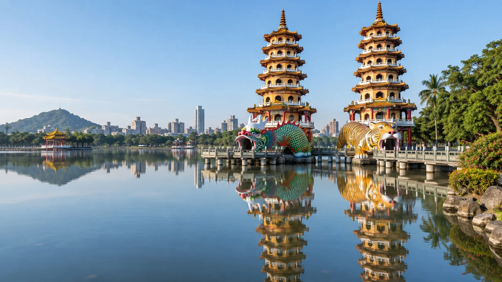 Dragon and Tiger Pagodas reflected in Kaohsiung’s Lotus Pond