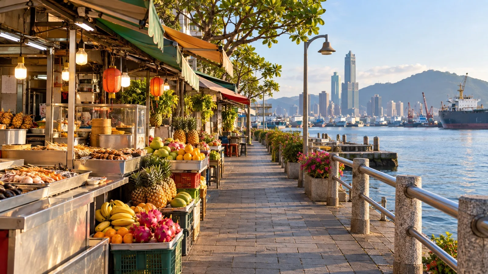 Taiwanese food stalls beside the Kaohsiung waterfront