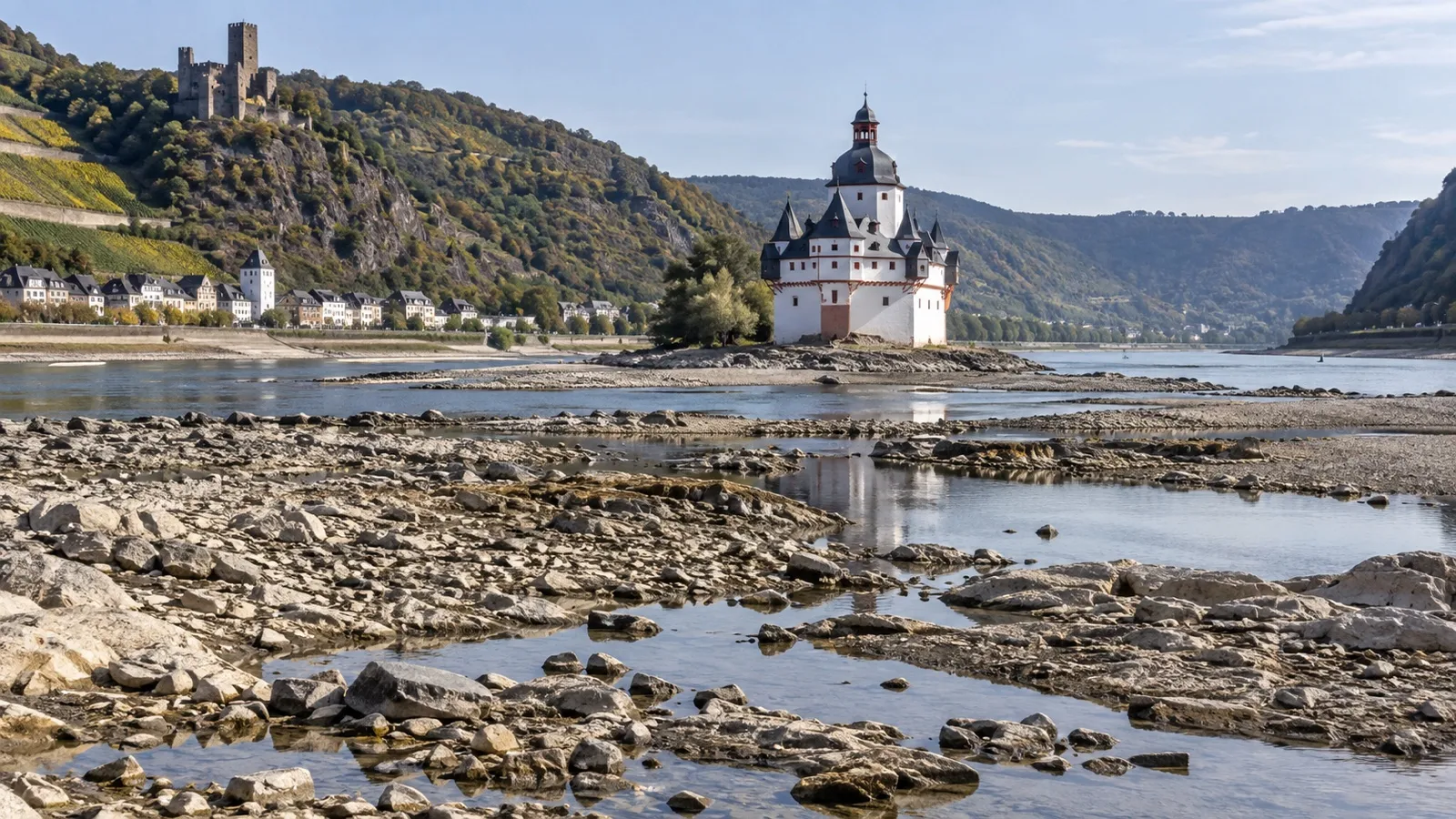 Exposed Rhine riverbed near Kaub in low water