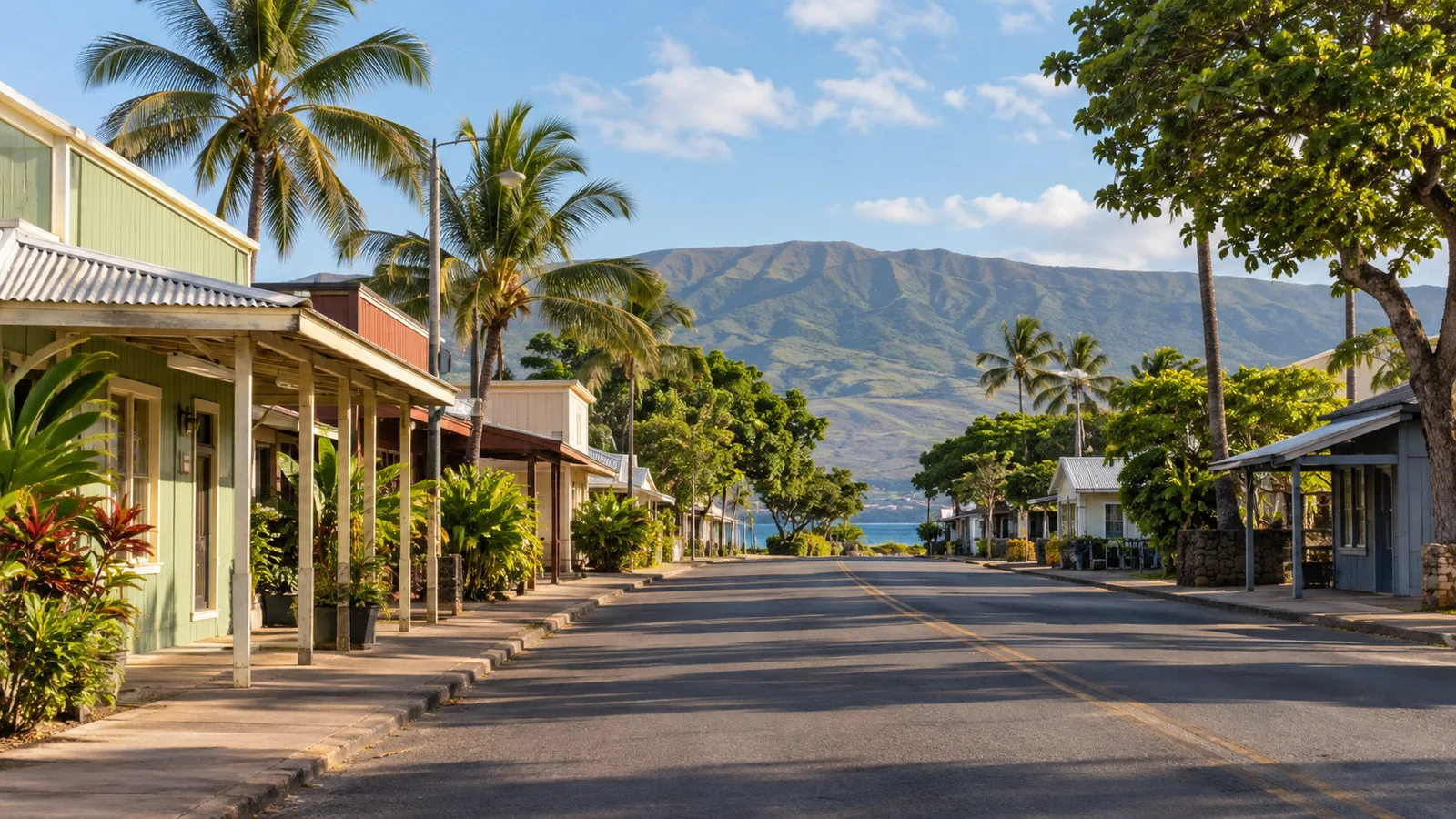 Kaunakakai Molokai quiet main street with low storefronts and palms, no people or readable signs