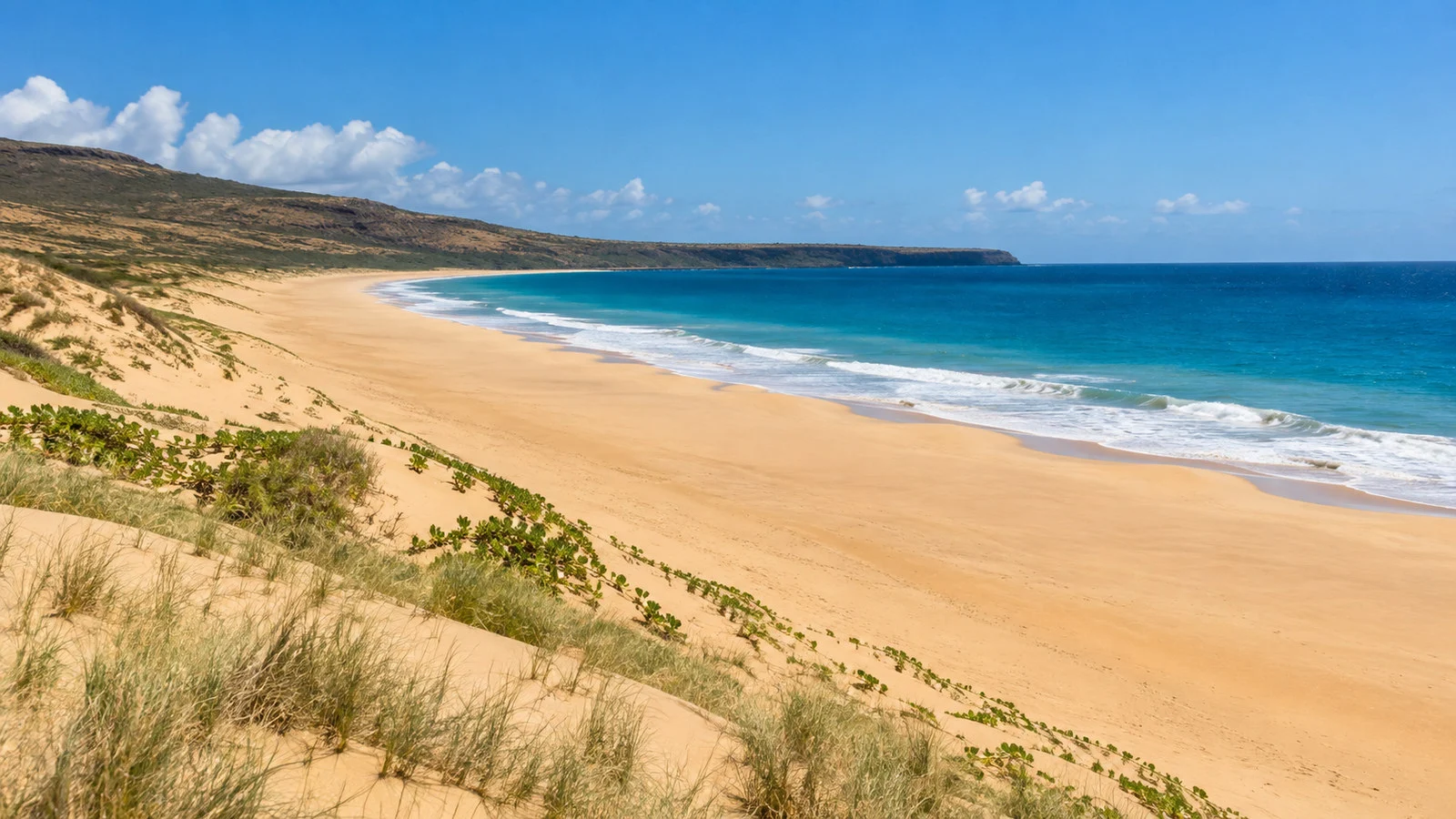 Papohaku Beach west Molokai broad golden sand with coastal dunes and blue Pacific, no people