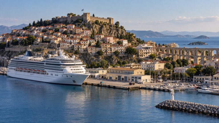 Cruise ship at Kavala harbor below Panagia old town