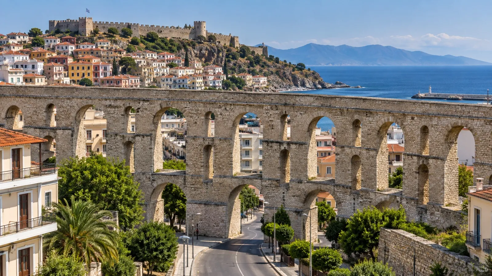 Historic Kamares aqueduct spanning Kavala