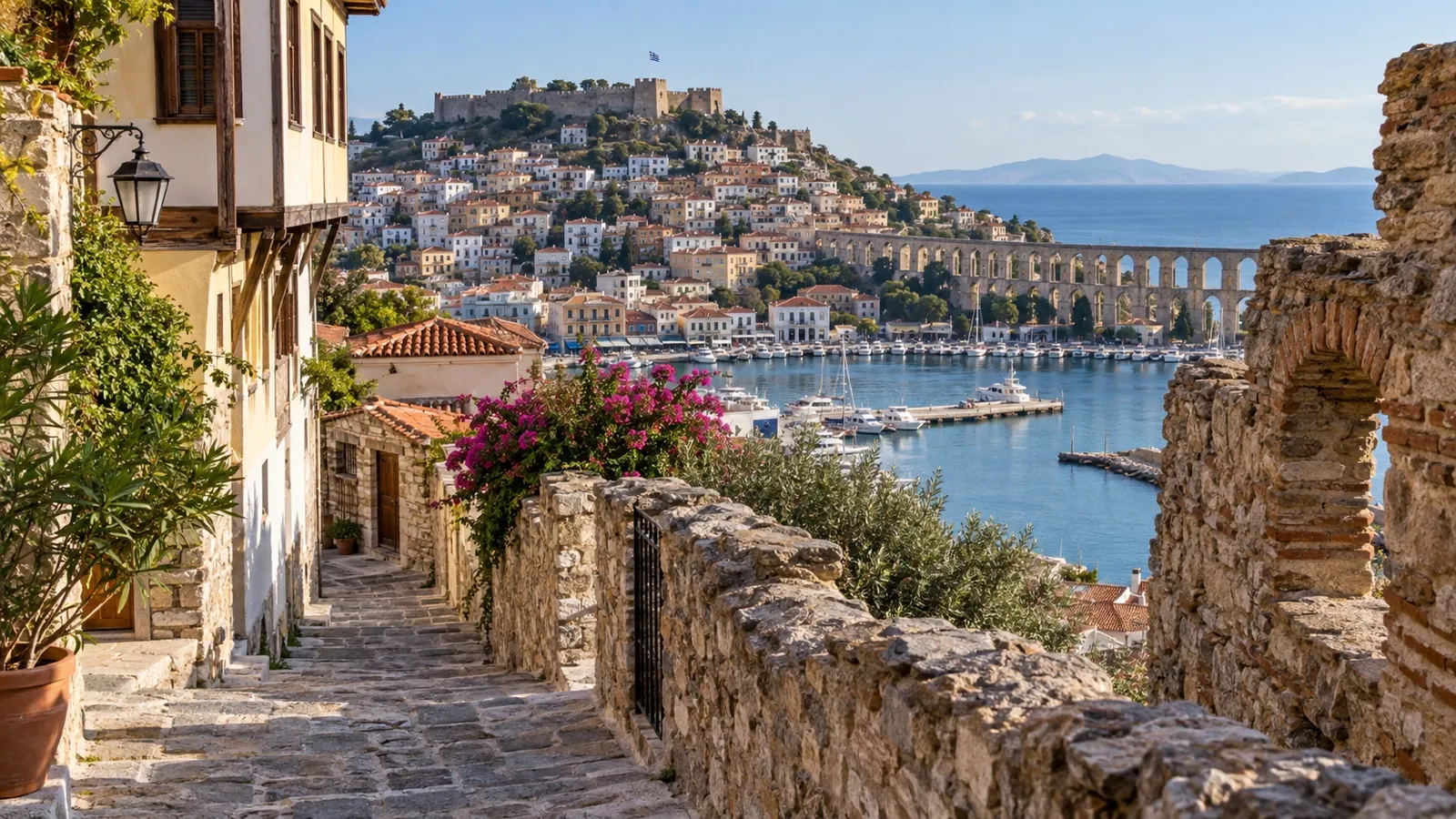 Stone lanes and traditional houses in Kavala Panagia old town
