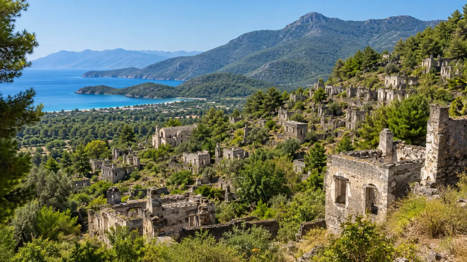 Abandoned stone houses of Kayaköy on a green hillside