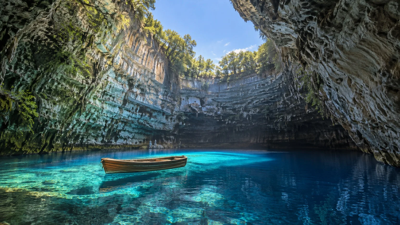 Blue underground lake and small boat inside Melissani Cave on Kefalonia