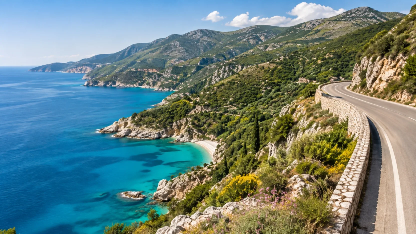 Winding coastal road above turquoise bays on Kefalonia