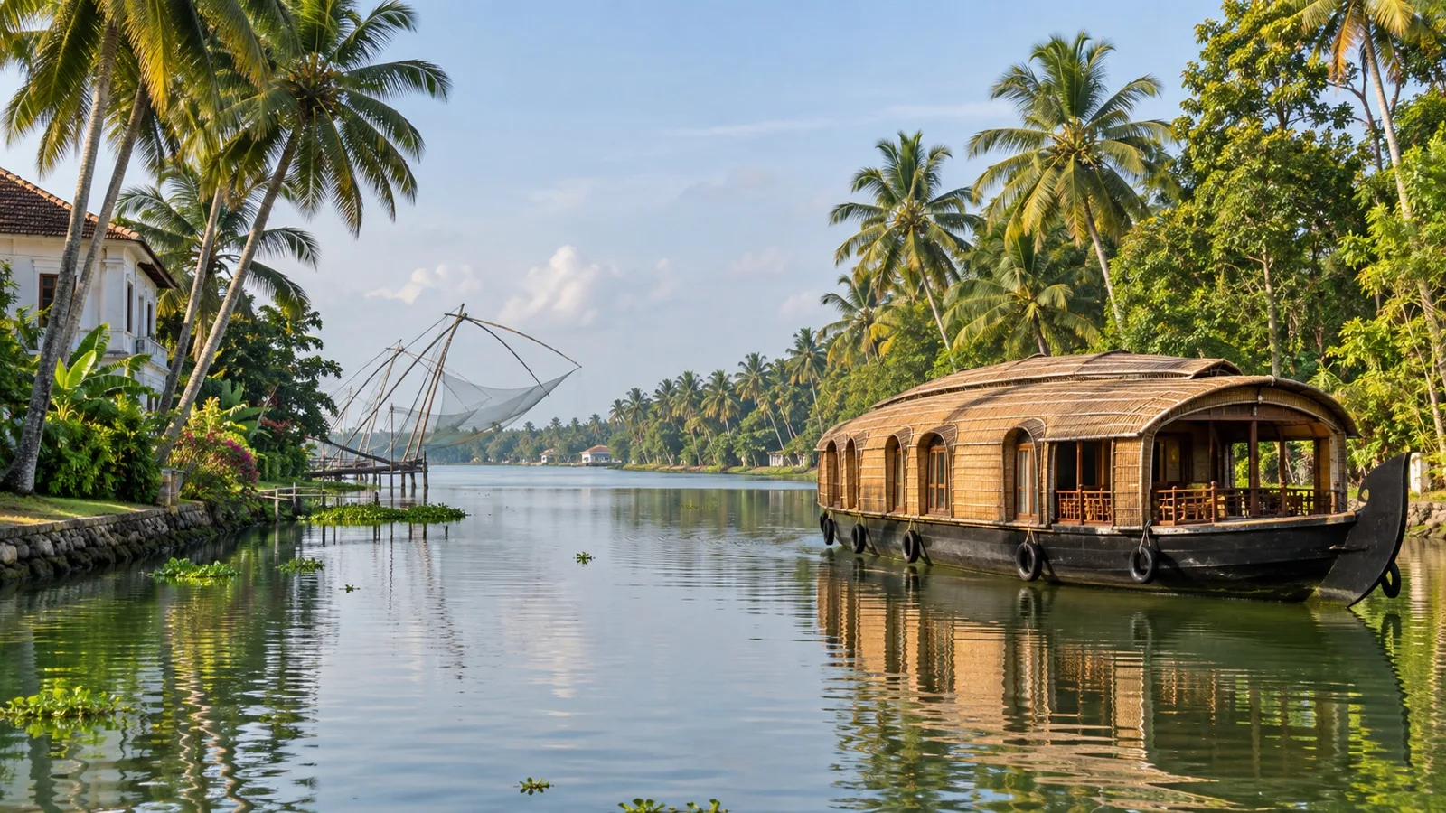 Traditional houseboat on a palm-lined Kerala backwater