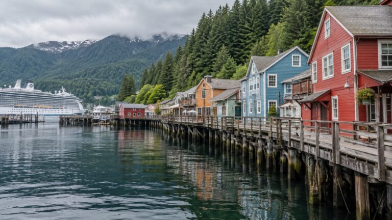 Colorful wooden buildings on the Ketchikan waterfront near a cruise ship