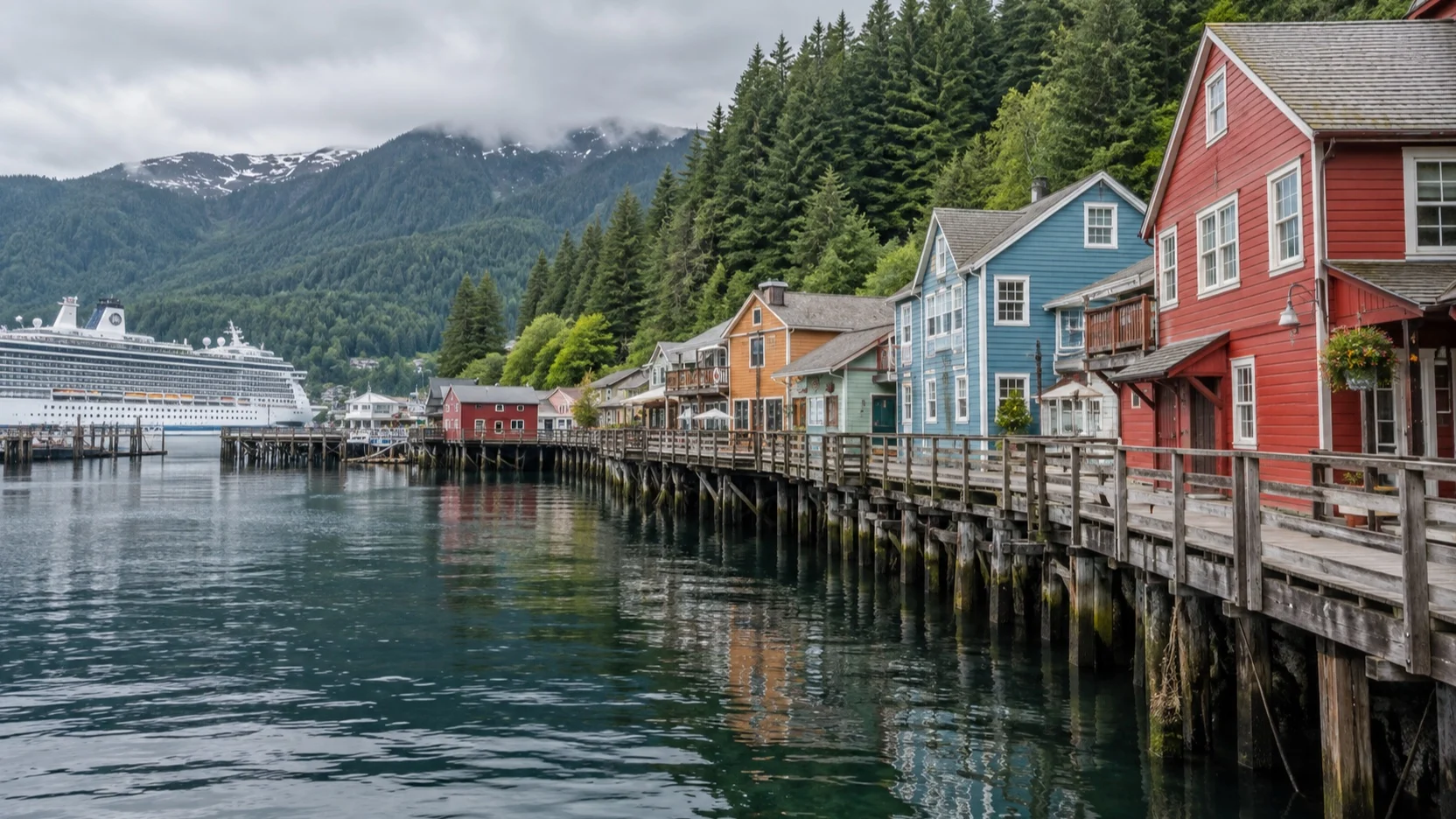 Colorful wooden buildings on the Ketchikan waterfront near a cruise ship