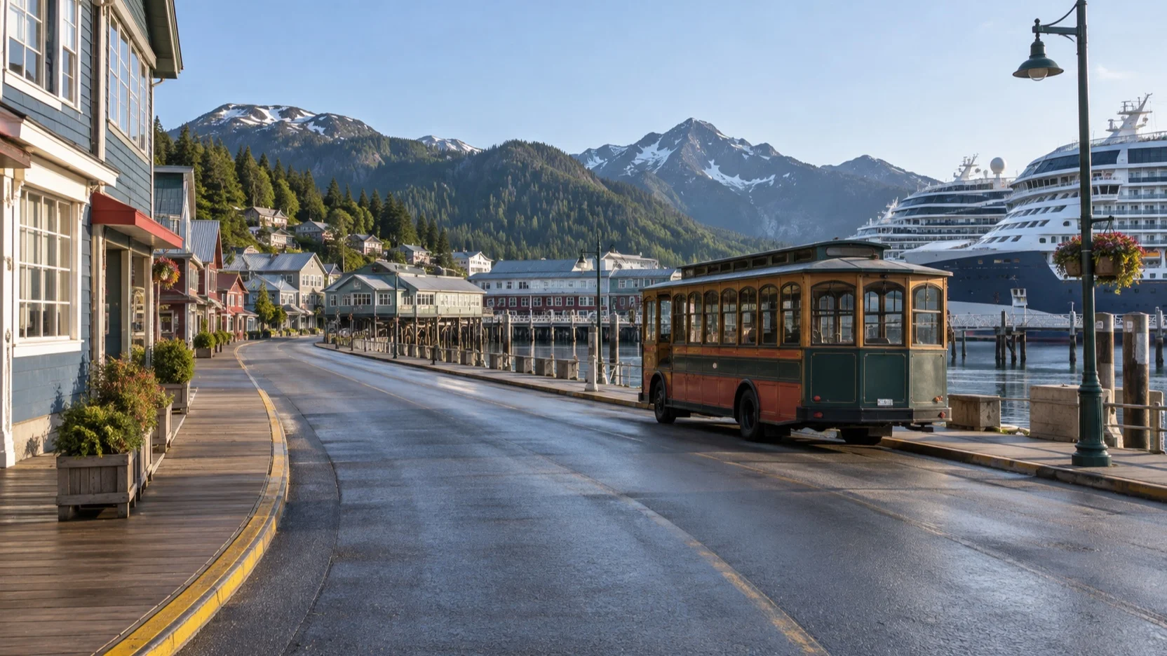 Quiet Ketchikan waterfront road with a town trolley