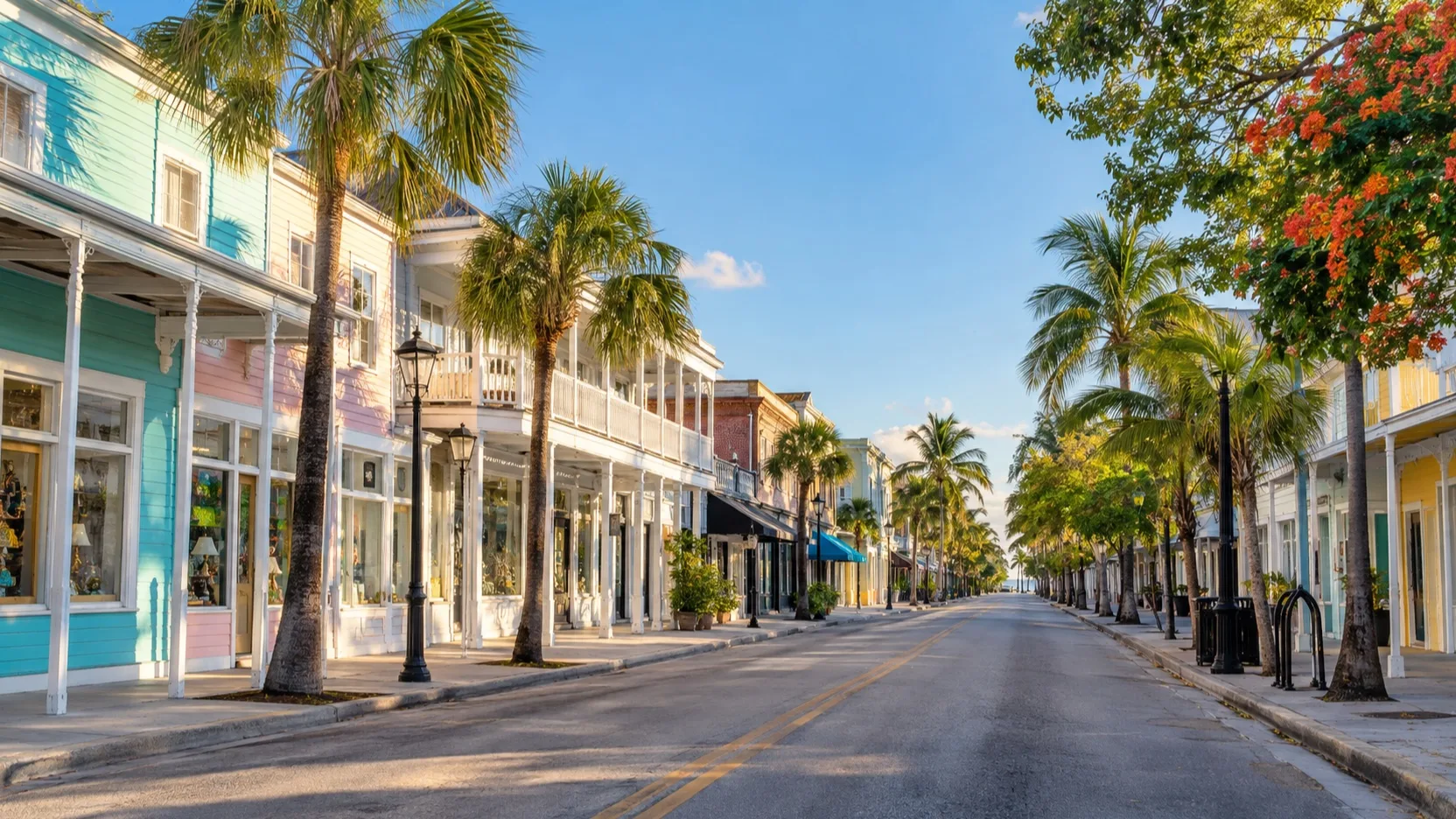 Empty Duval Street lined with historic storefronts in Key West