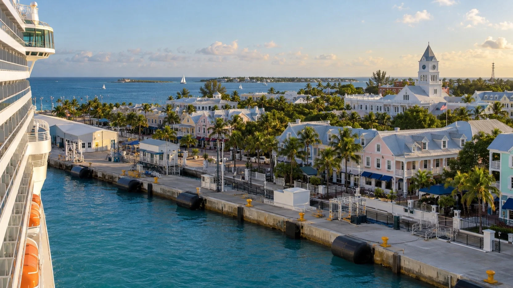 Cruise ship beside Key West's compact historic waterfront