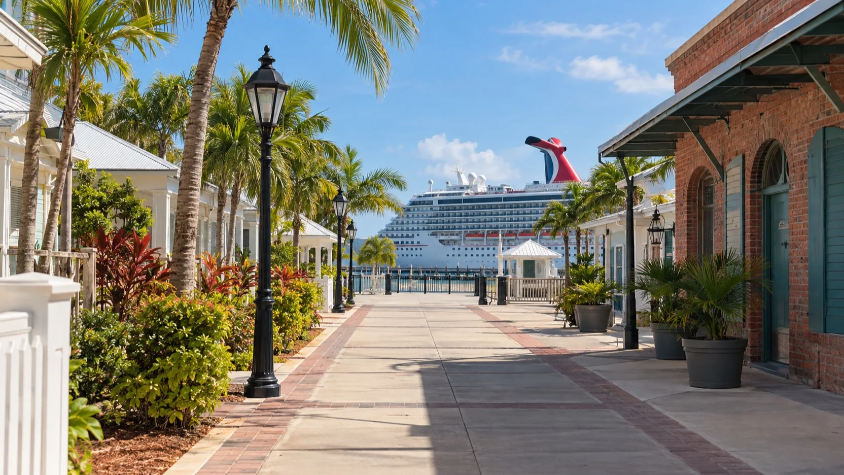 Simple palm-lined walking route to the Key West cruise ship