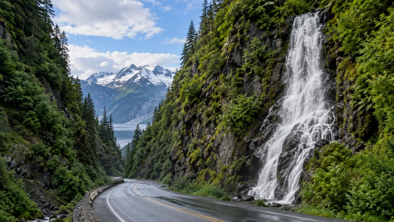 Waterfall and mountain road in Keystone Canyon near Valdez