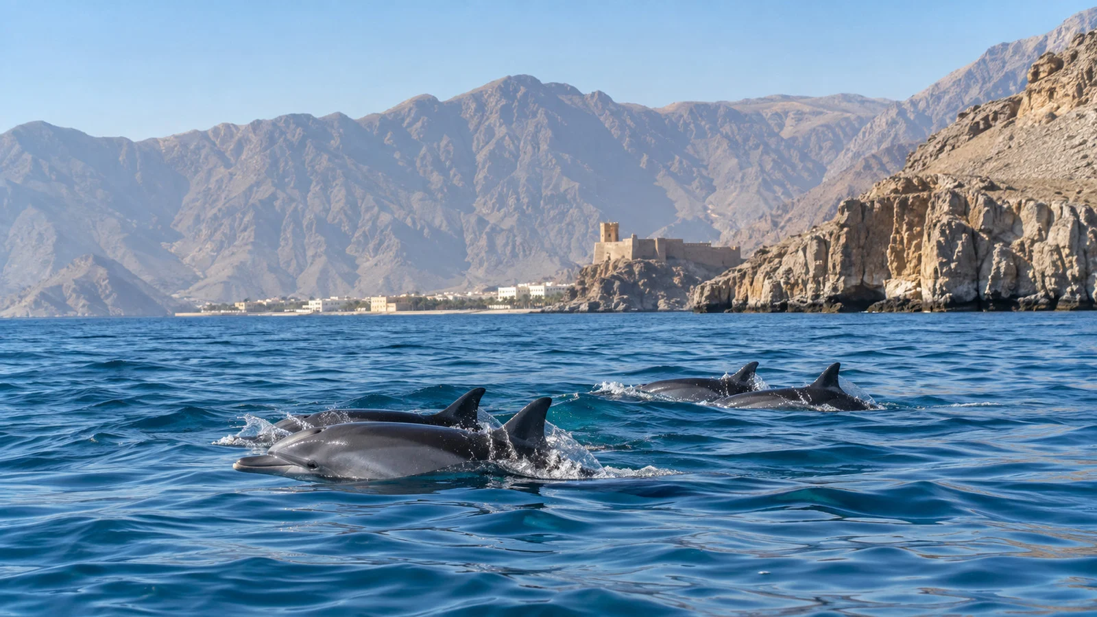 Dolphins surfacing in blue water near Khasab