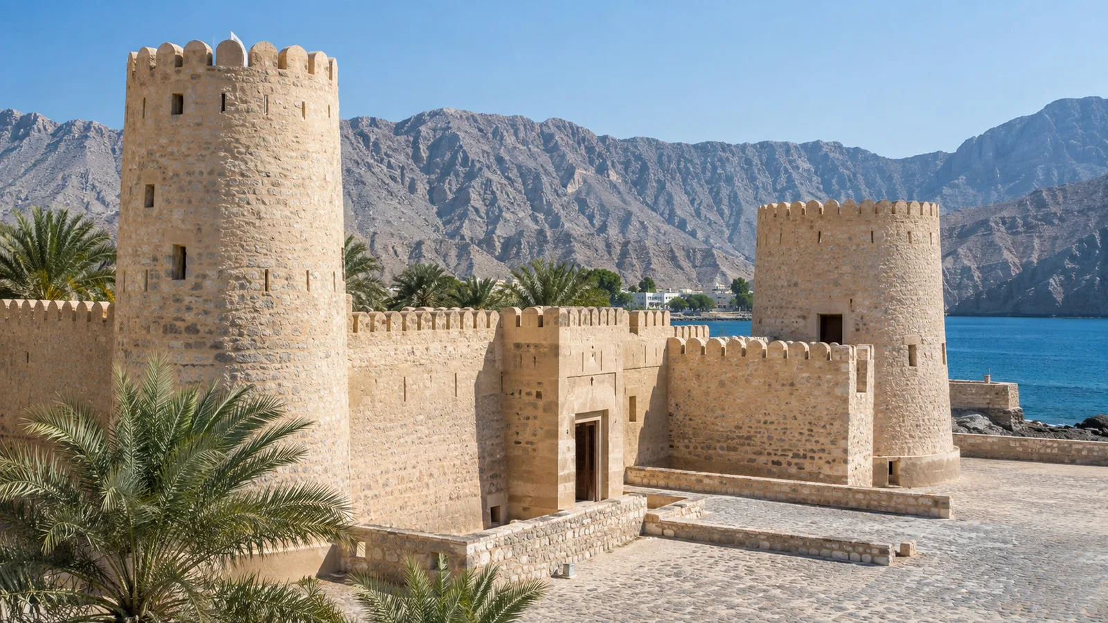 Stone walls and round towers of Khasab Fort