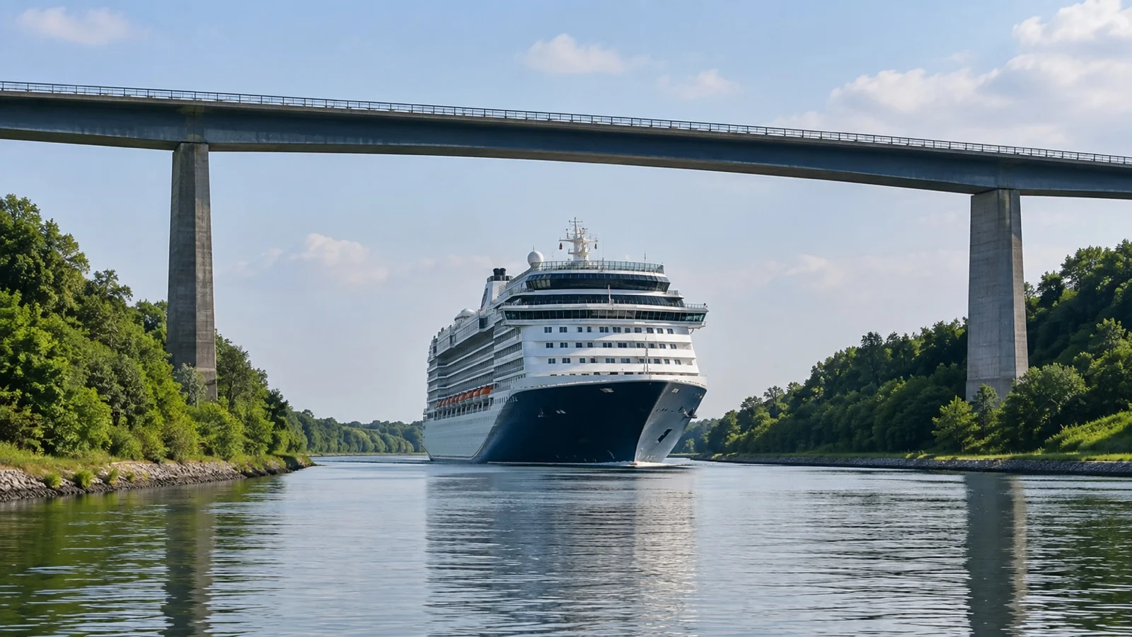 Small cruise ship passing Kiel Canal bridge