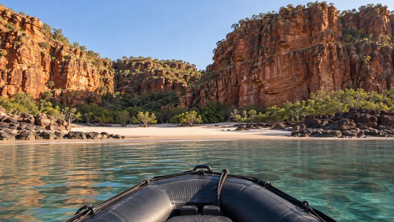 Empty Zodiac beside remote Kimberley shore