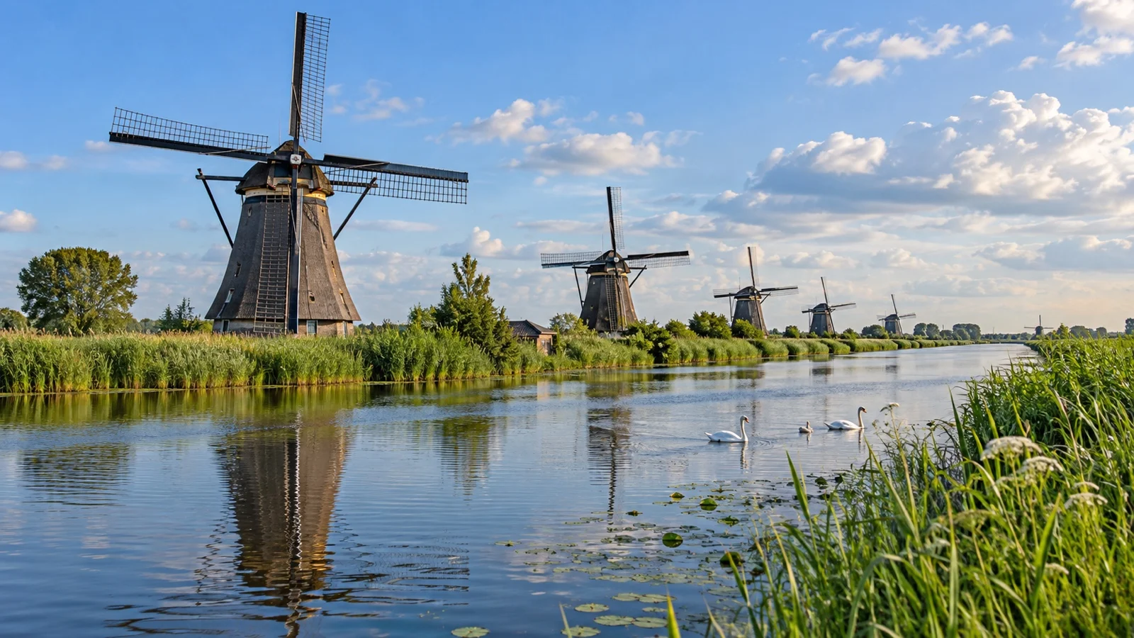 Rows of Kinderdijk windmills and drainage canals