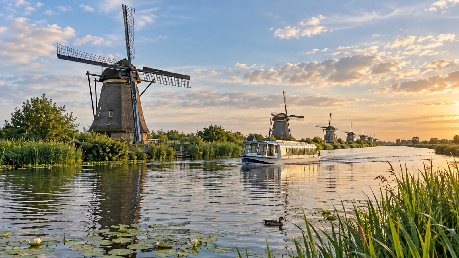 Small sightseeing boat moving past Kinderdijk windmills