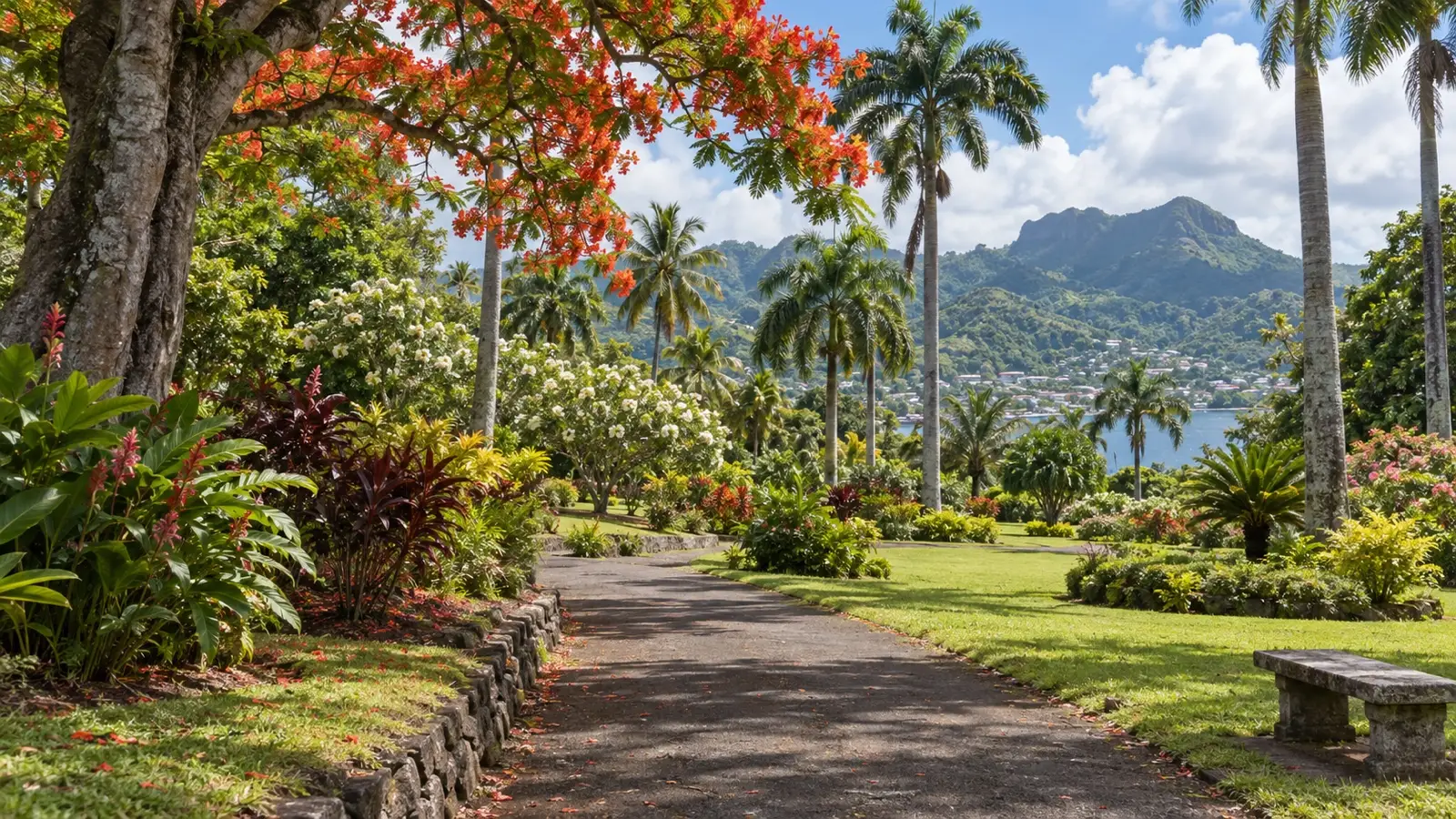 Empty path among tropical trees and flowers in Kingstown Botanical Gardens