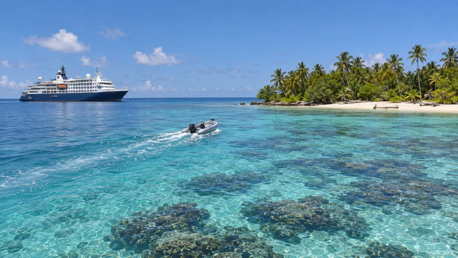 Expedition tender approaching the coast of Kiriwina Island