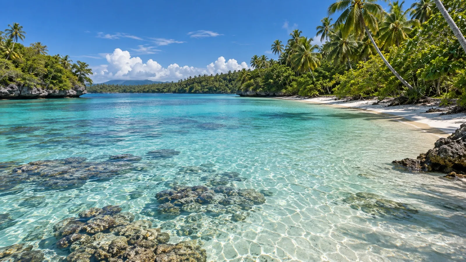 Clear lagoon and sandy shore on Kiriwina Island