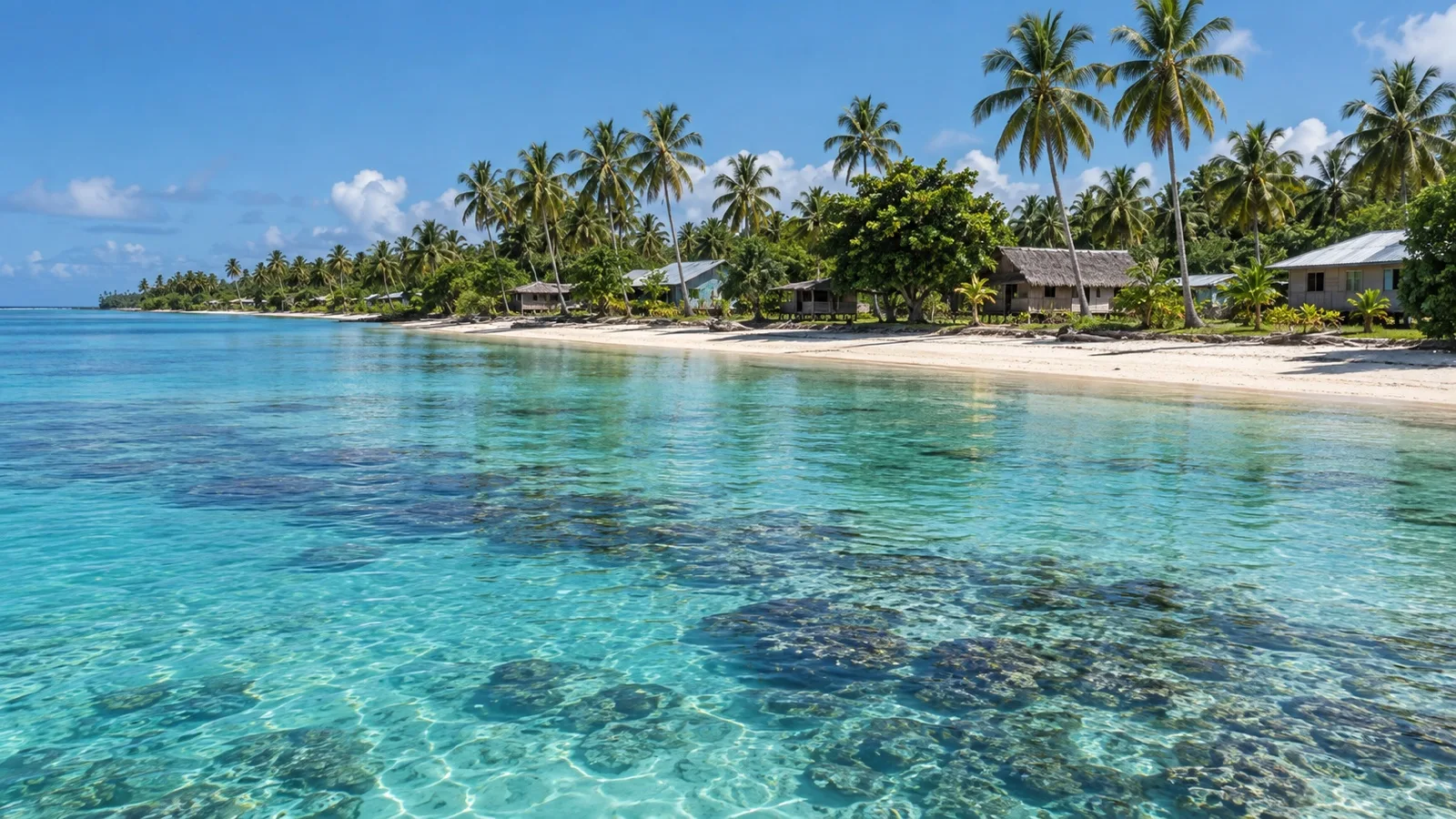 Kiriwina Island shoreline and village buildings among palms