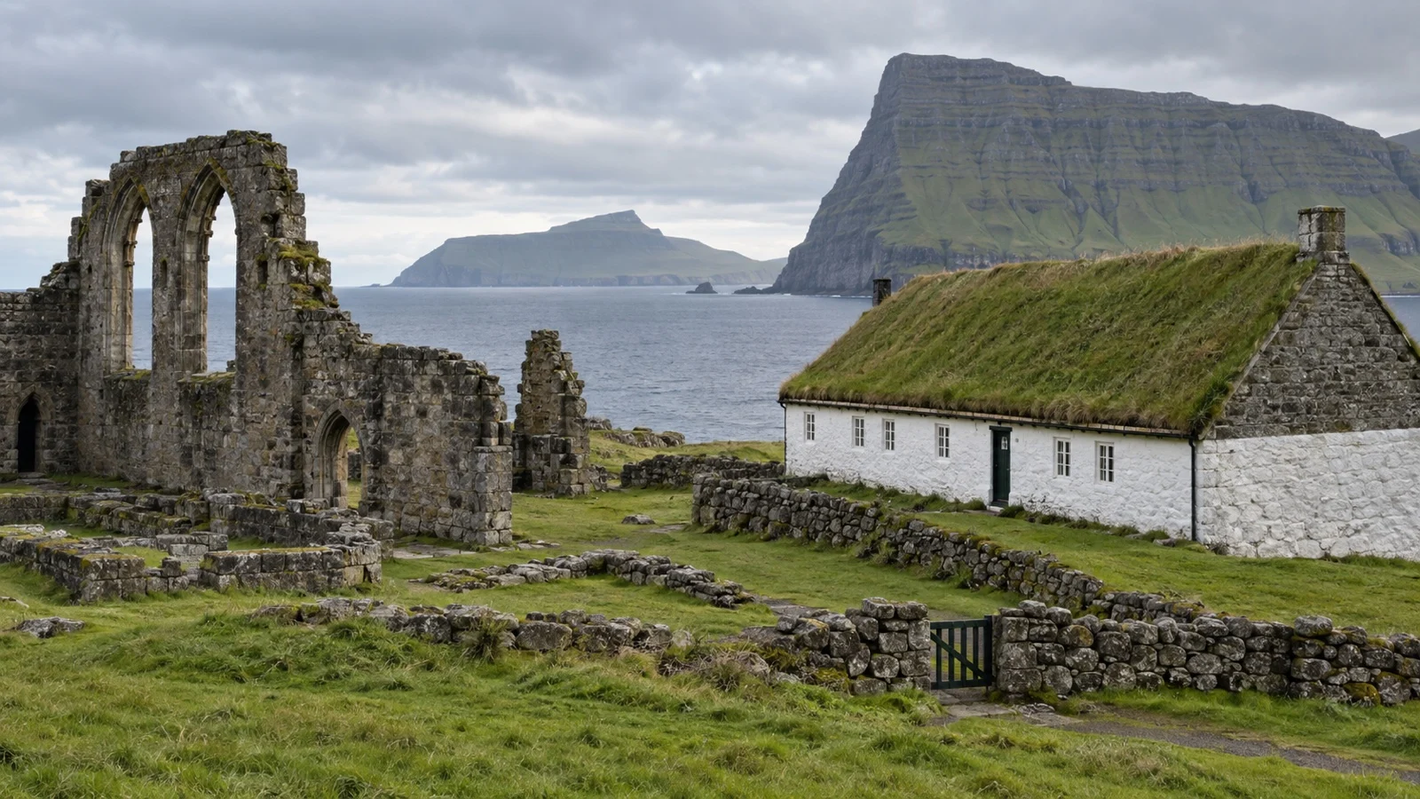 Medieval Magnus Cathedral ruins in Kirkjubøur, Faroe Islands