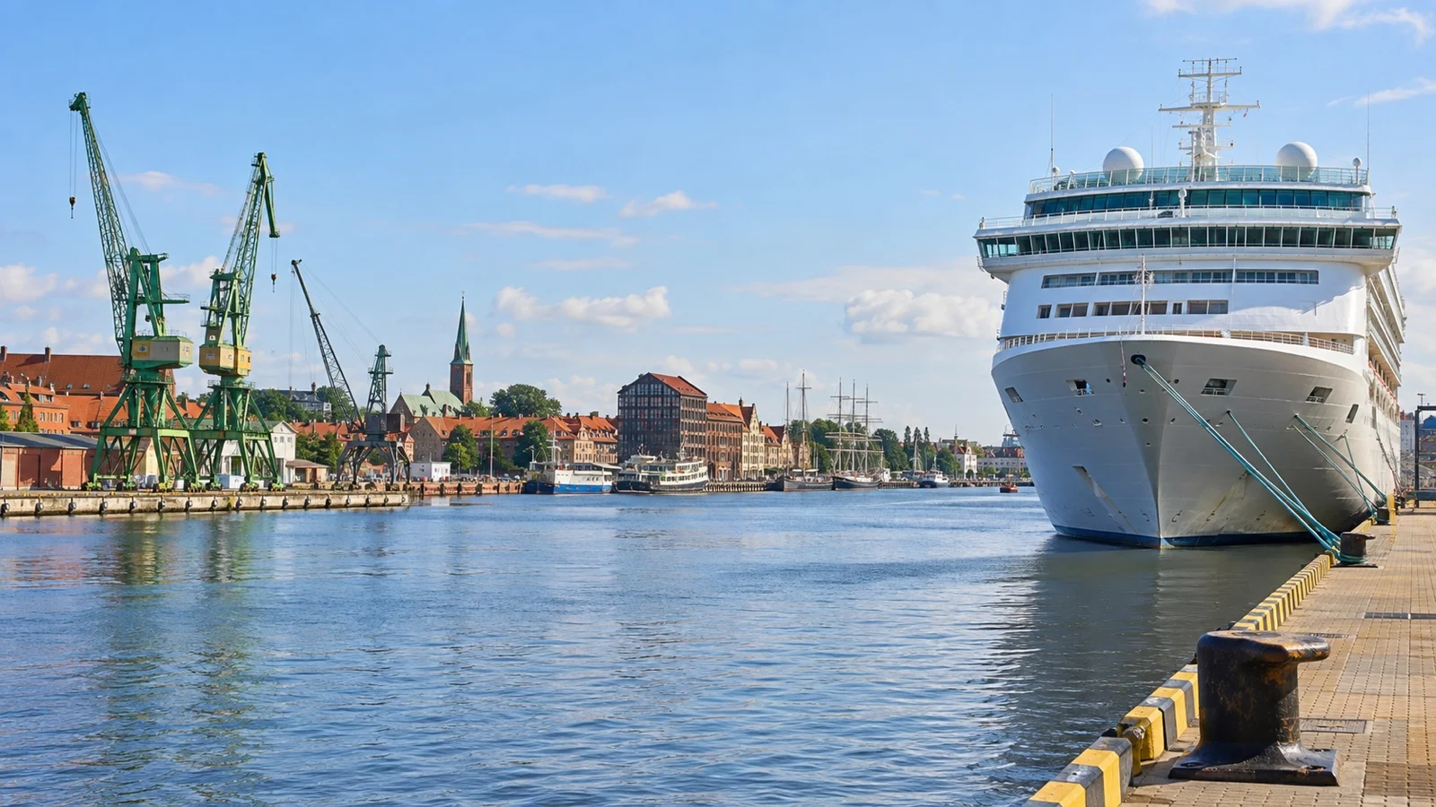 Cruise ship at the Klaipėda port quay beside cranes and the city