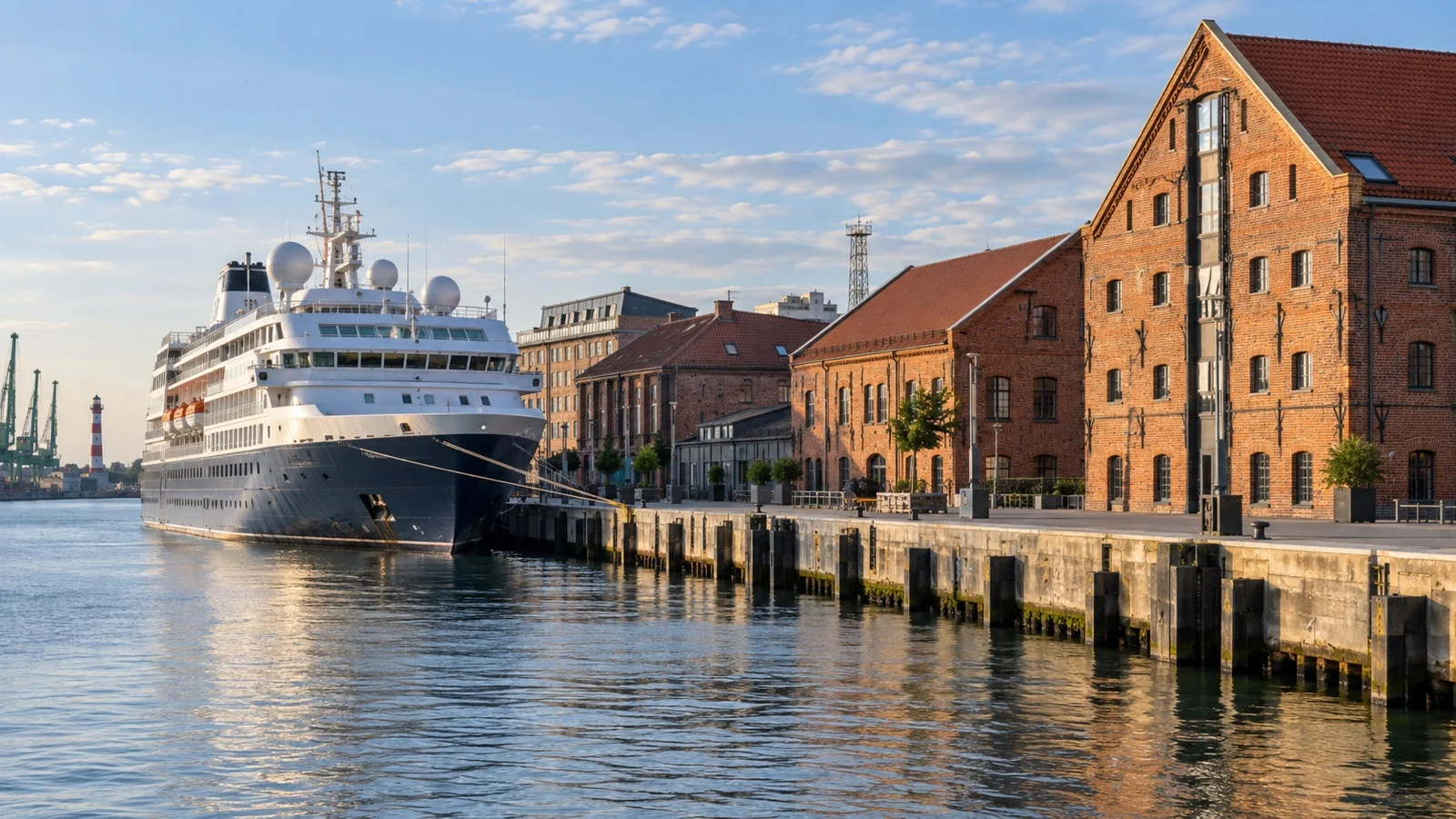 Cruise ship at Klaipeda port beside brick warehouses