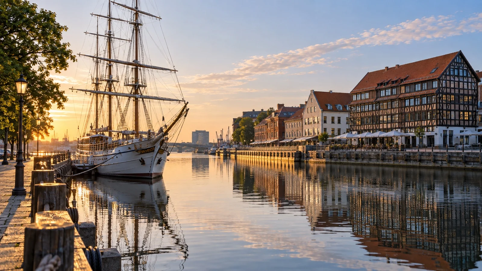 Historic tall ship moored beside the Danė River in Klaipėda