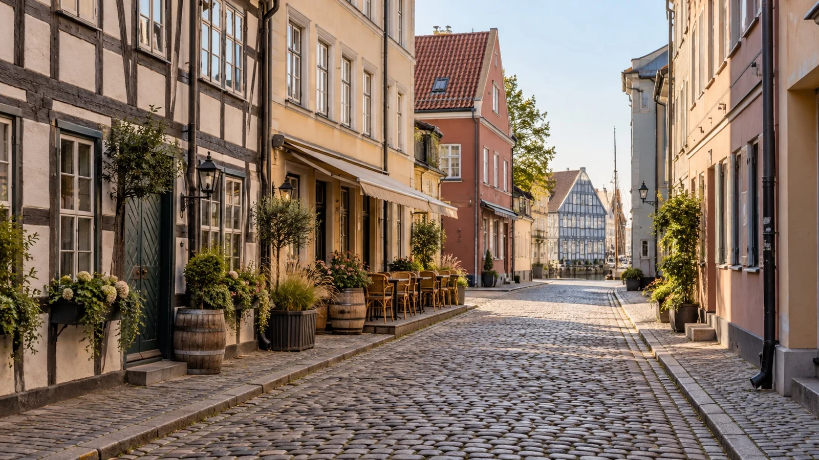 Quiet cobbled street with historic buildings in Klaipėda Old Town