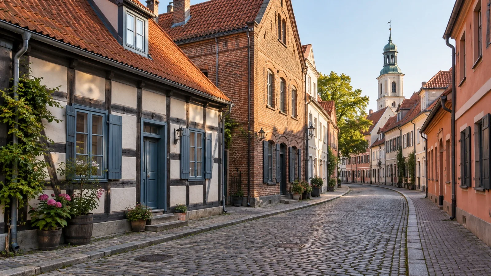 Historic buildings on a cobbled street in Klaipeda