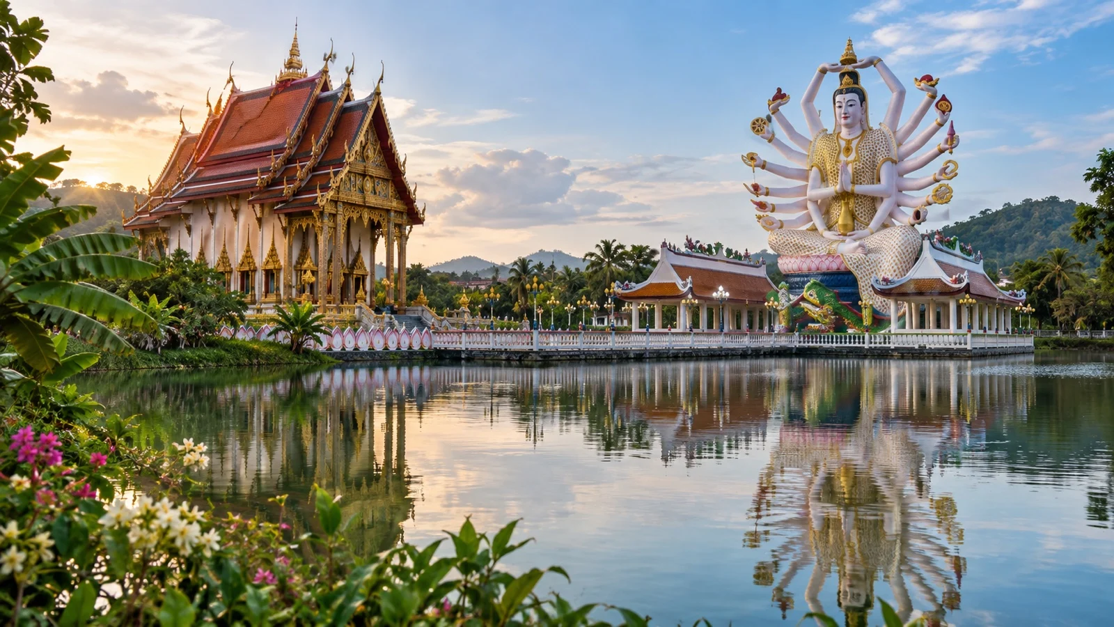 Wat Plai Laem temple beside a lagoon on Ko Samui