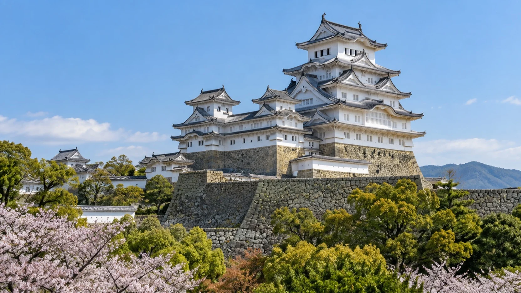 Himeji Castle above its stone walls near Kobe