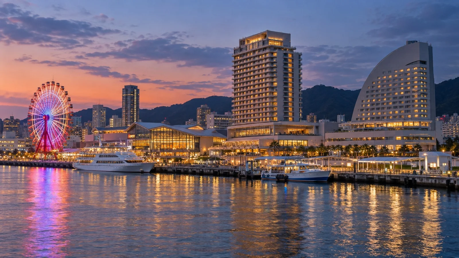 Upscale hotel buildings on Kobe Harborland waterfront at dusk with illuminated ferris wheel and moored boats