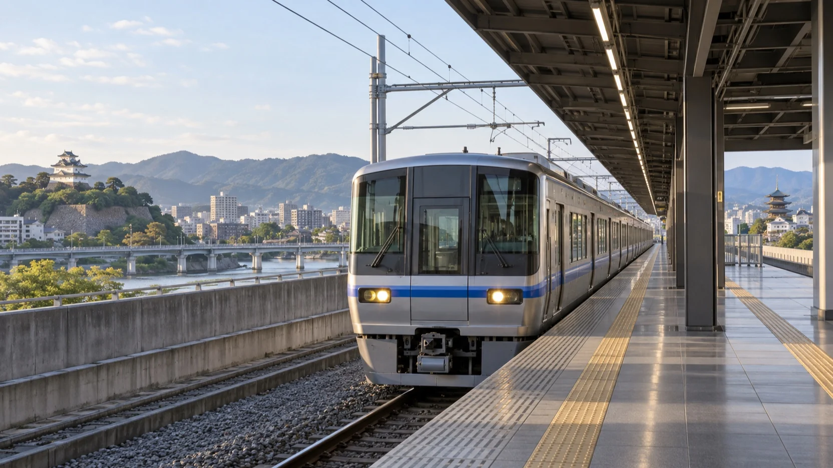 Empty rapid-train platform for the journey from Kobe toward Kyoto
