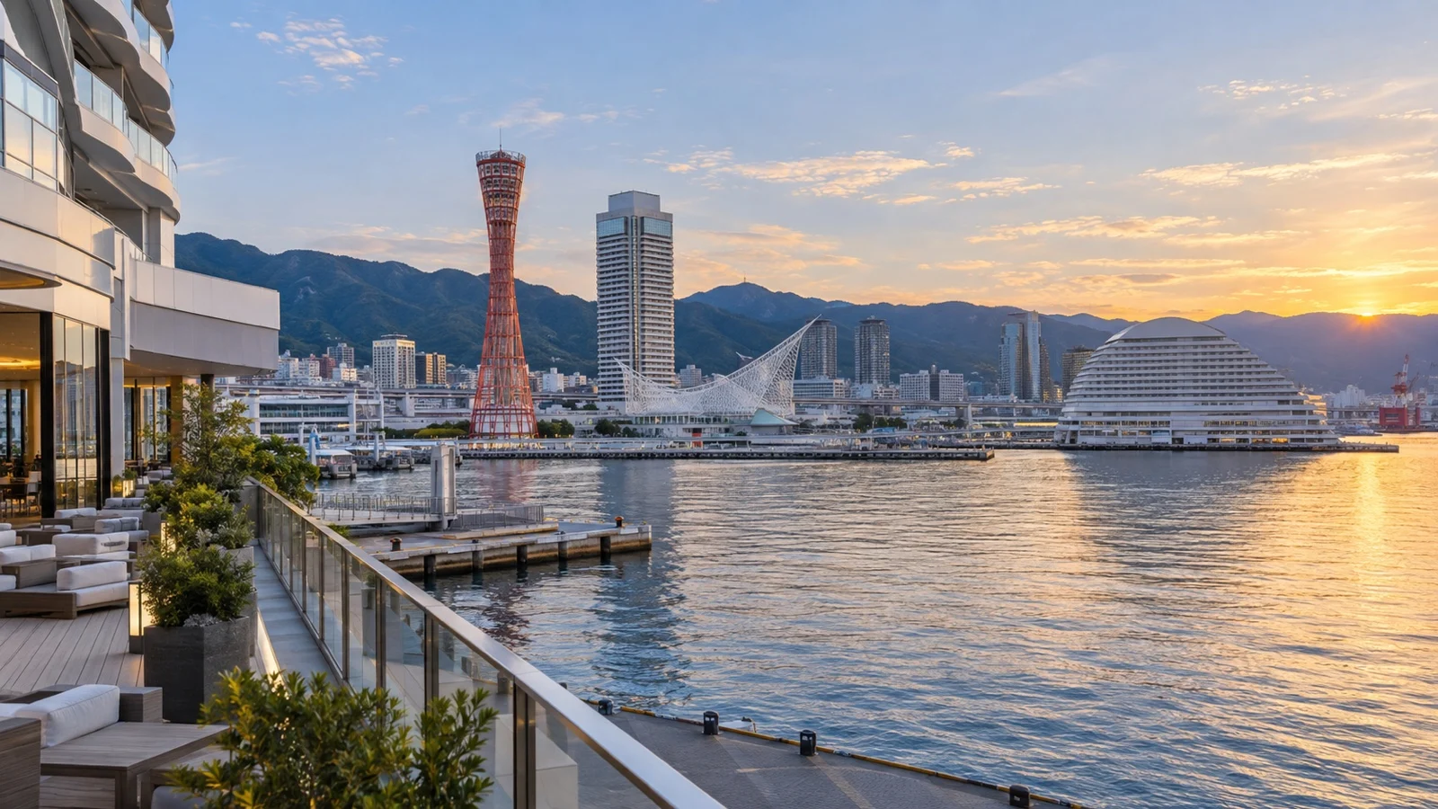 Port Island waterfront in Kobe with contemporary hotels and views across the harbor