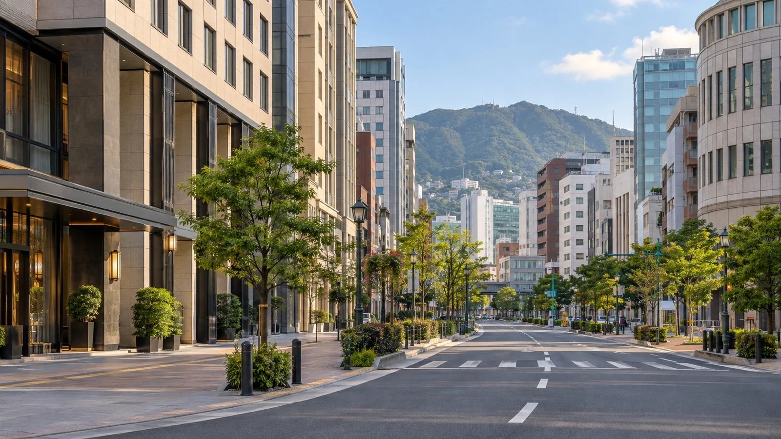 Sannomiya district street in Kobe with modern midrise hotels and Japanese city architecture