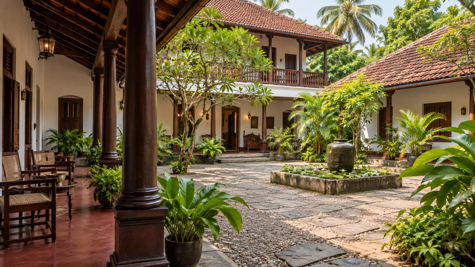 Restored Kerala heritage hotel courtyard in Kochi with verandas, red tile roofs and tropical greenery