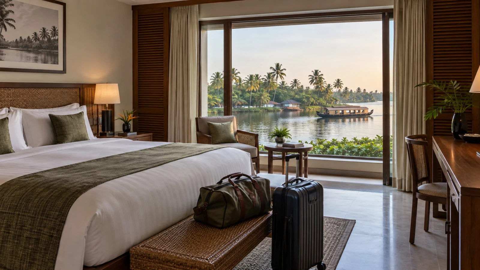 Comfortable Kochi hotel guest room with packed luggage and a view of palm-lined backwaters