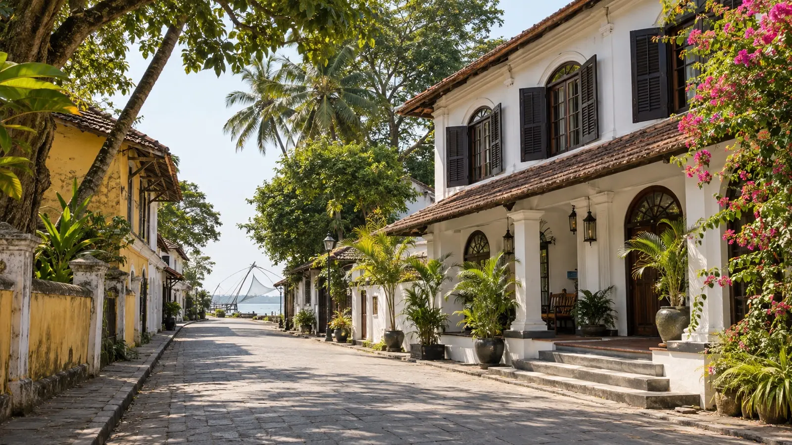 Fort Kochi heritage district with colonial-era boutique hotel buildings, tropical trees and quiet streets