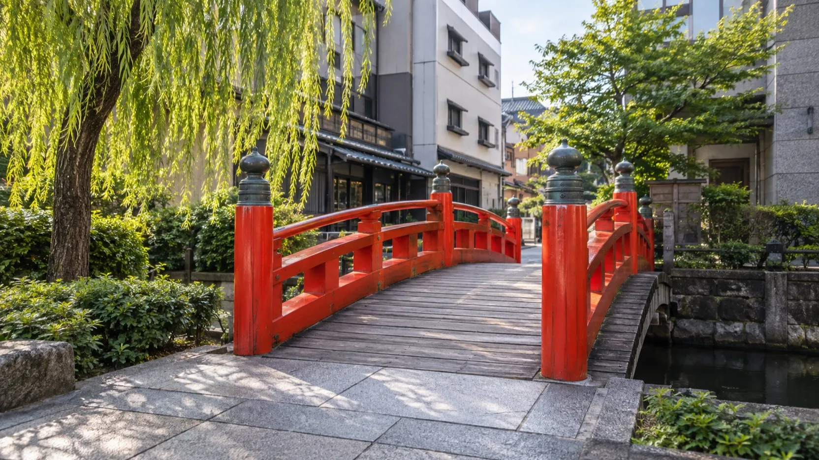 The small red Harimaya Bridge in central Kochi, Japan
