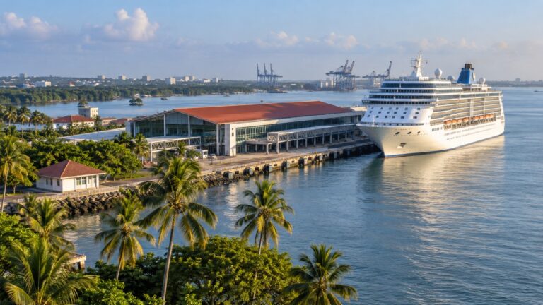 Kochi cruise terminal on Willingdon Island with a white cruise ship docked beside the tropical Kerala waterfront