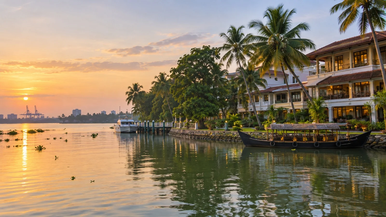 Bolgatty waterfront in Kochi with elegant hotels, palms and boats on the backwaters